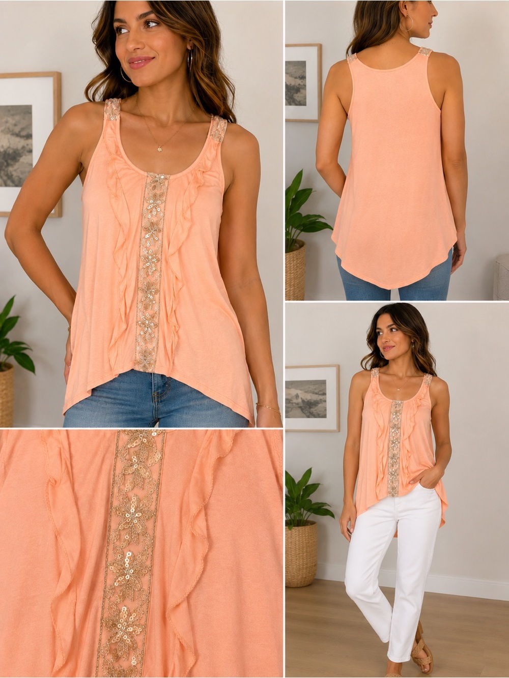 Willi Smith Peach Sequin Ruffle High-Low Tank Top Size Small Y2K Embellishments